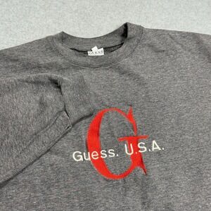 Vintage Guess USA Big G Logo Crewneck Sweatshirt Mens Gray Red Embroidered 90s